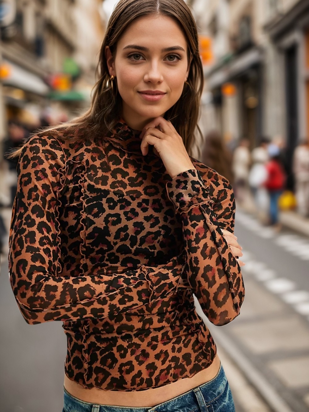 Oh Brown Leopard Print Long Sleeve Mock Neck Top